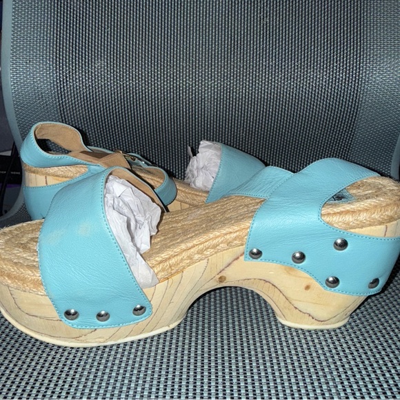 John Fluevog Mountain Rushmore Sandals Buckle Clogs Aqua Blue Leather Shoes - Picture 5 of 10